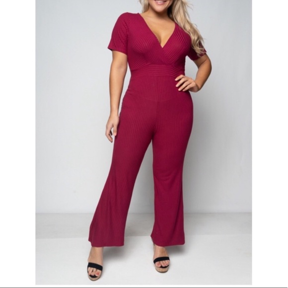 Pants - 1X-3X V Neck Ribbed Jumpsuit
